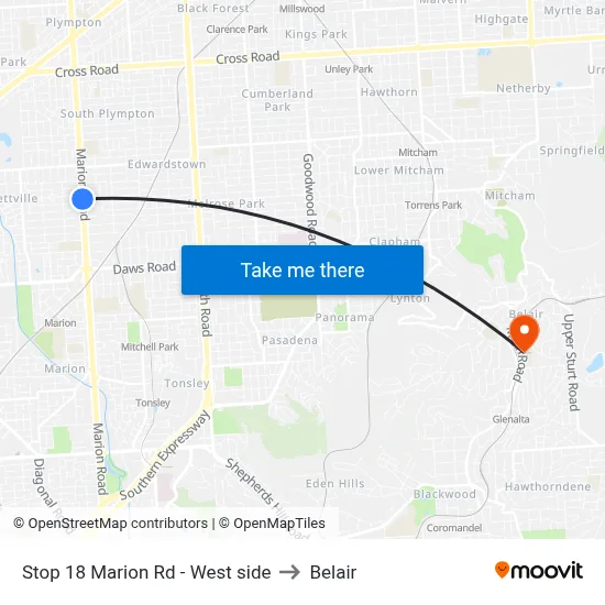 Stop 18 Marion Rd - West side to Belair map