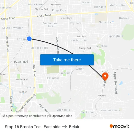 Stop 16 Brooks Tce - East side to Belair map