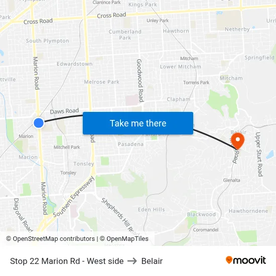 Stop 22 Marion Rd - West side to Belair map