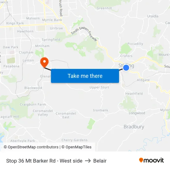 Stop 36 Mt Barker Rd - West side to Belair map