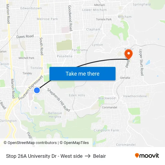 Stop 26A University Dr - West side to Belair map