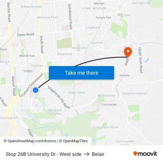 Stop 26B University Dr - West side to Belair map