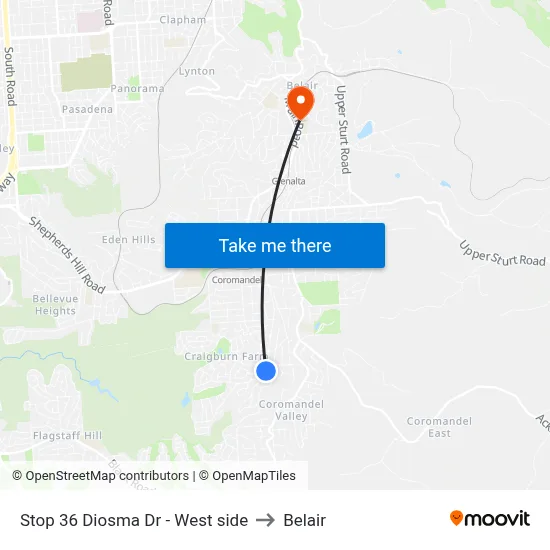 Stop 36 Diosma Dr - West side to Belair map