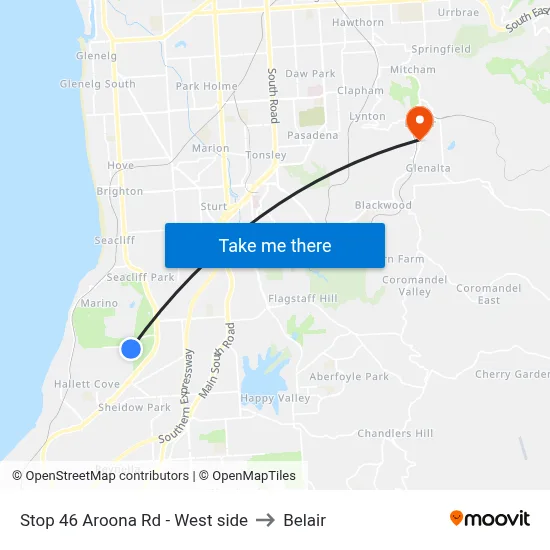 Stop 46 Aroona Rd - West side to Belair map