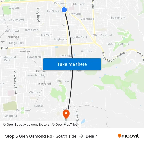 Stop 5 Glen Osmond Rd - South side to Belair map