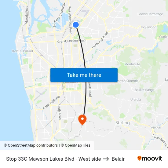 Stop 33C Mawson Lakes Blvd - West side to Belair map