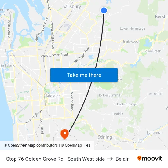 Stop 76 Golden Grove Rd - South West side to Belair map