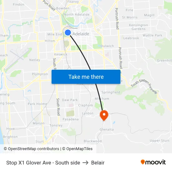 Stop X1 Glover Ave - South side to Belair map