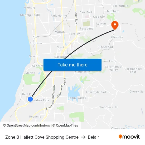 Zone B Hallett Cove Shopping Centre to Belair map