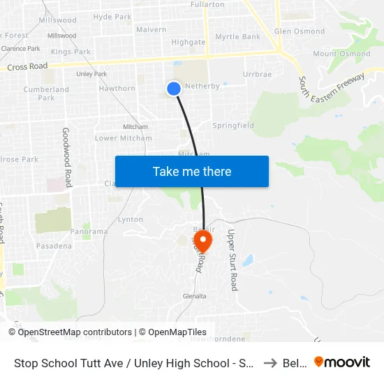 Stop School Tutt Ave / Unley High School - South side to Belair map