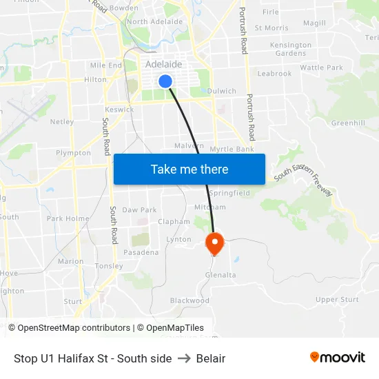 Stop U1 Halifax St - South side to Belair map