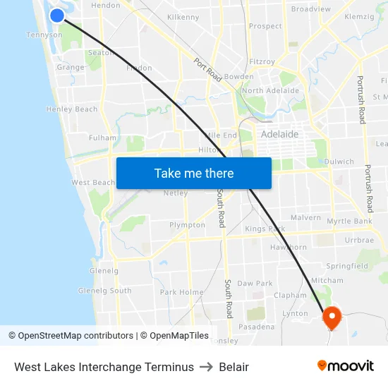 West Lakes Interchange Terminus to Belair map