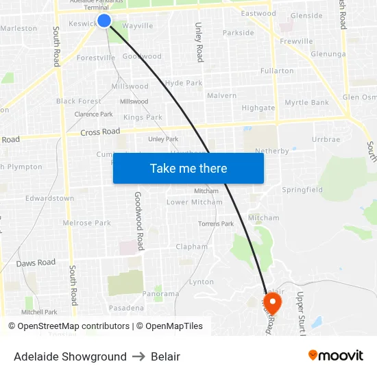 Adelaide Showground to Belair map