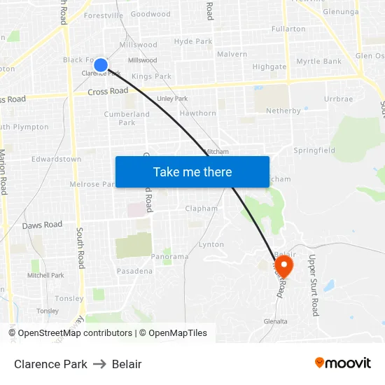 Clarence Park to Belair map