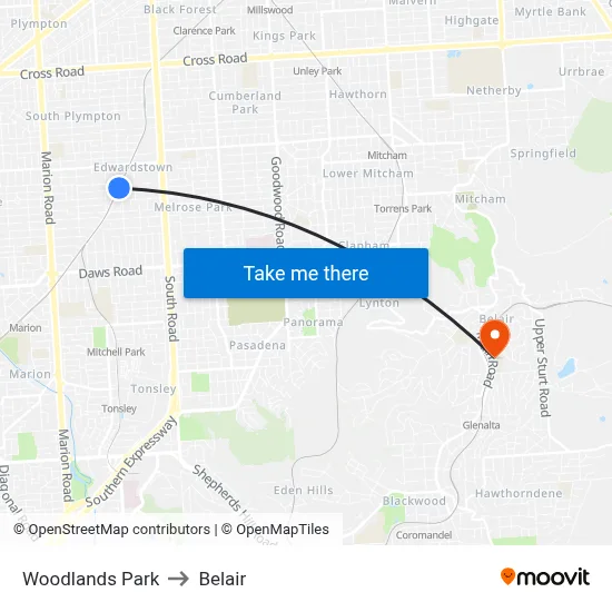 Woodlands Park to Belair map