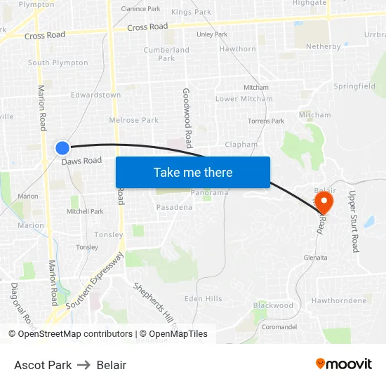 Ascot Park to Belair map
