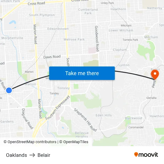 Oaklands to Belair map