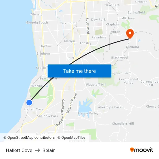 Hallett Cove to Belair map