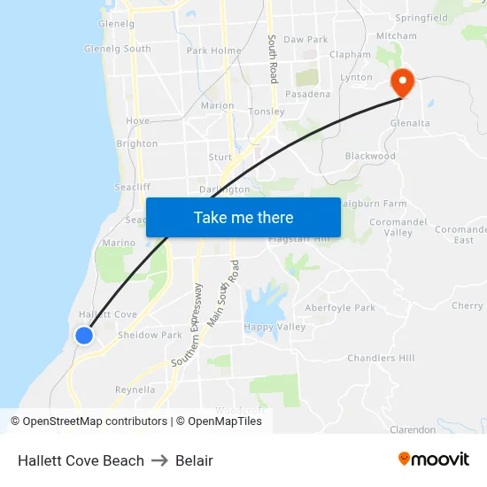 Hallett Cove Beach to Belair map