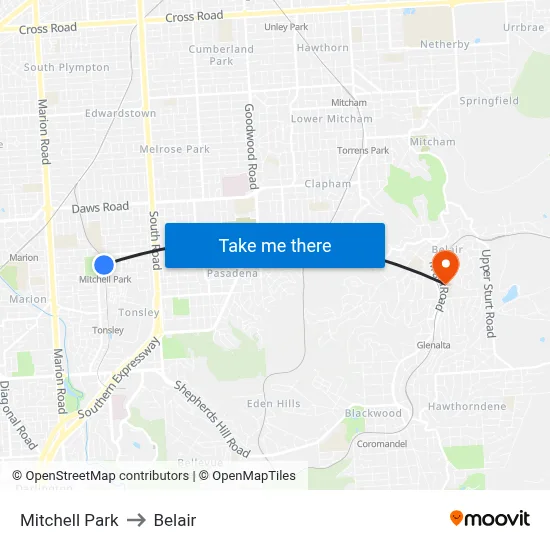 Mitchell Park to Belair map
