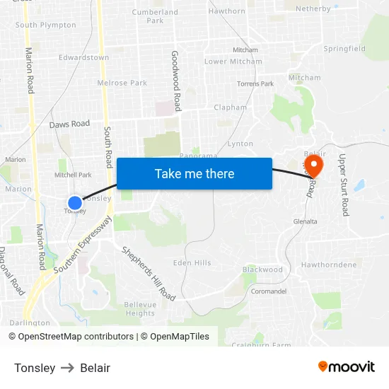 Tonsley to Belair map