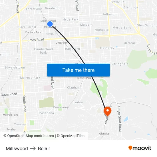 Millswood to Belair map