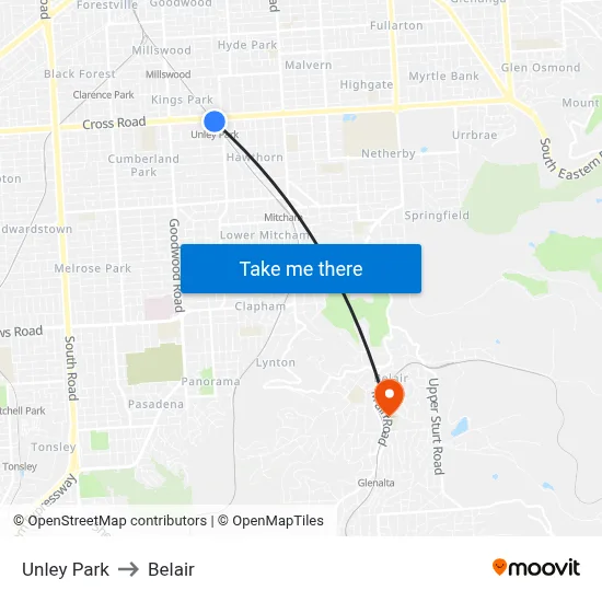 Unley Park to Belair map