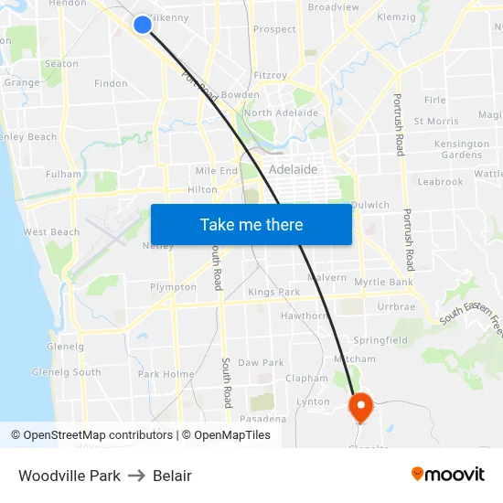 Woodville Park to Belair map