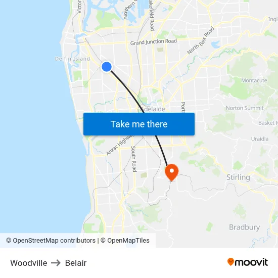 Woodville to Belair map
