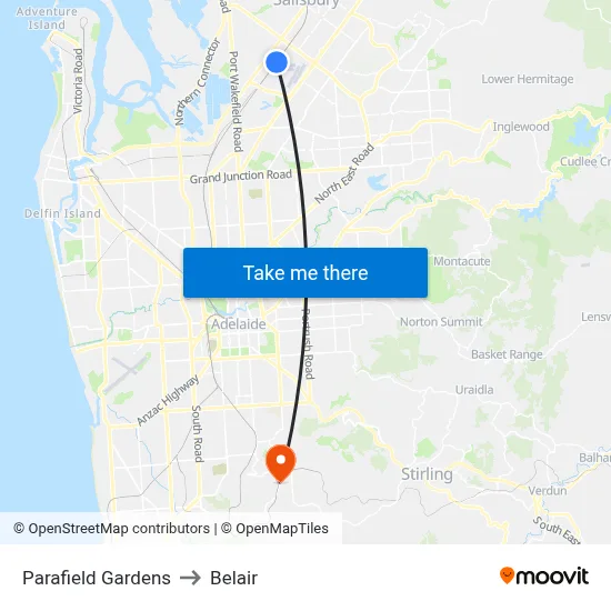 Parafield Gardens to Belair map