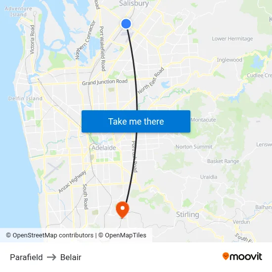 Parafield to Belair map