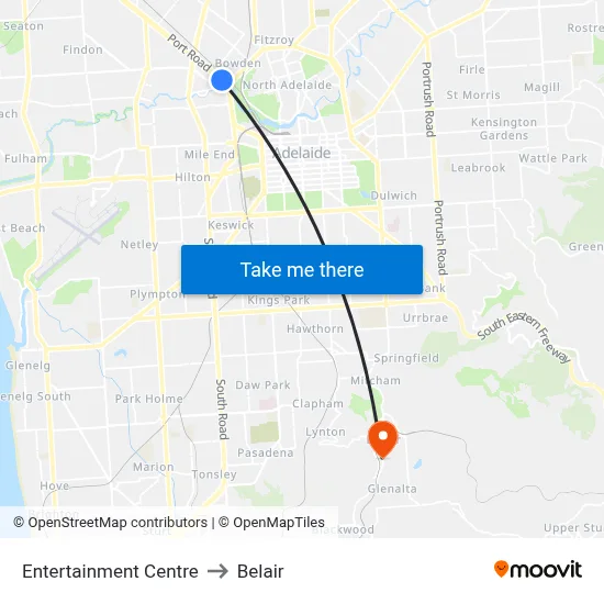 Entertainment Centre to Belair map
