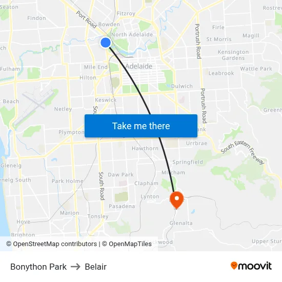 Bonython Park to Belair map