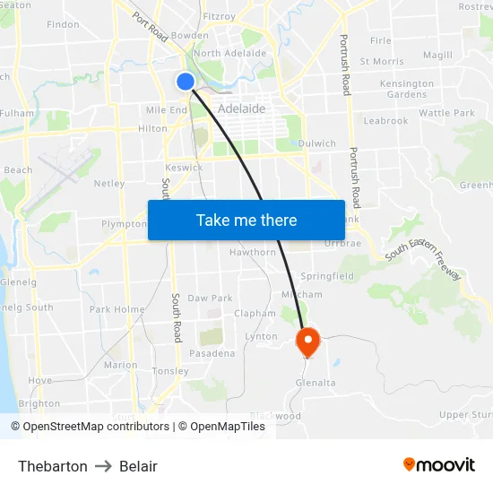 Thebarton to Belair map