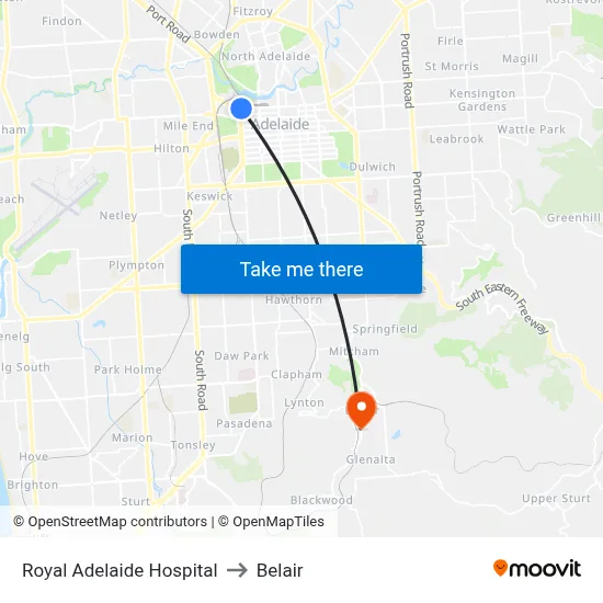 Royal Adelaide Hospital to Belair map
