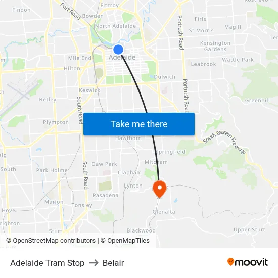 Adelaide Tram Stop to Belair map