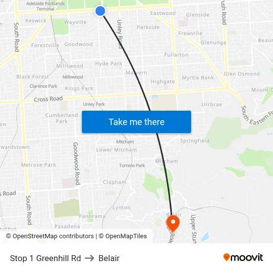 Stop 1 Greenhill Rd to Belair map