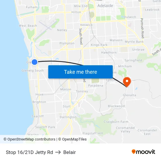 Stop 16/21D Jetty Rd to Belair map