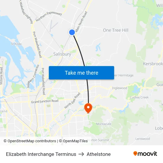 Elizabeth Interchange Terminus to Athelstone map