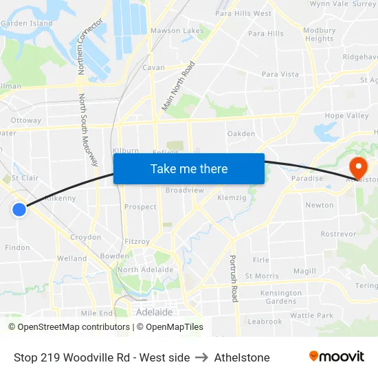 Stop 219 Woodville Rd - West side to Athelstone map