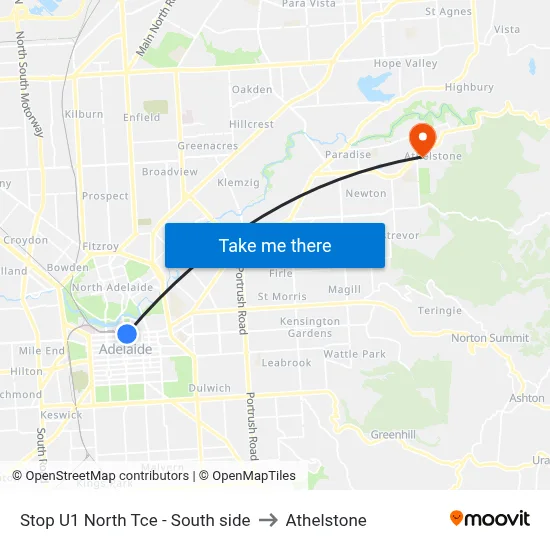 Stop U1 North Tce - South side to Athelstone map
