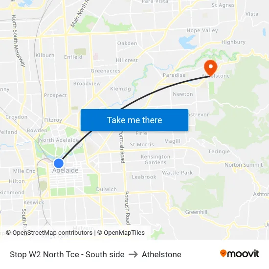 Stop W2 North Tce - South side to Athelstone map