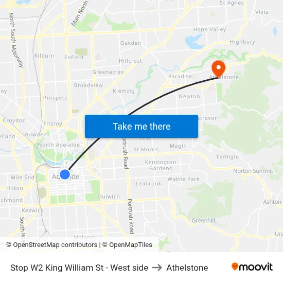 Stop W2 King William St - West side to Athelstone map