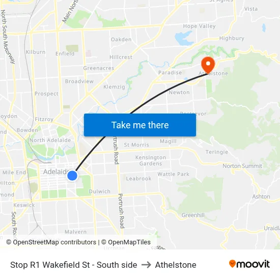 Stop R1 Wakefield St - South side to Athelstone map