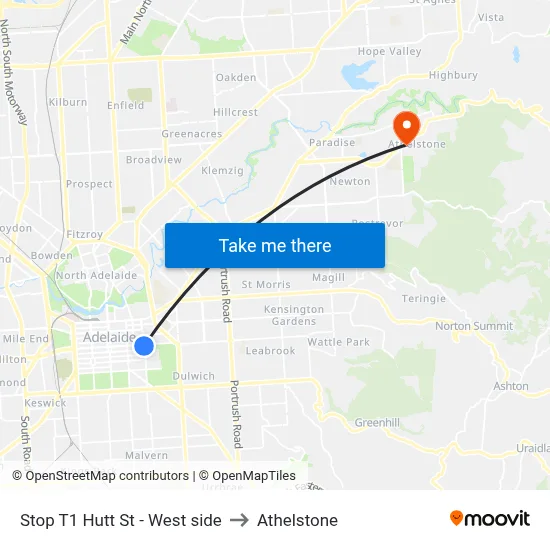 Stop T1 Hutt St - West side to Athelstone map