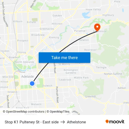 Stop K1 Pulteney St - East side to Athelstone map