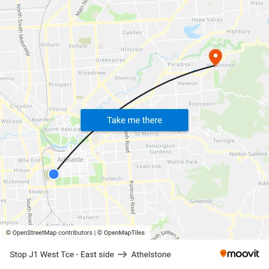 Stop J1 West Tce - East side to Athelstone map