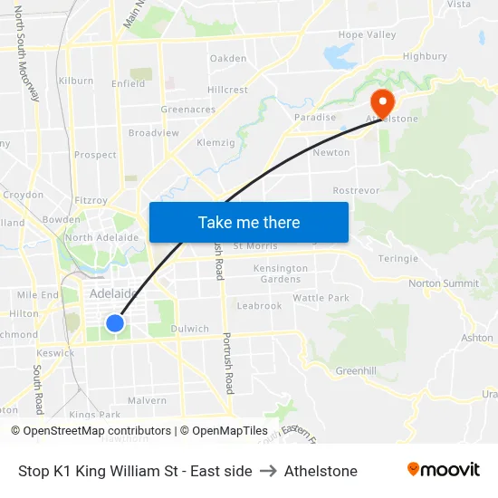 Stop K1 King William St - East side to Athelstone map