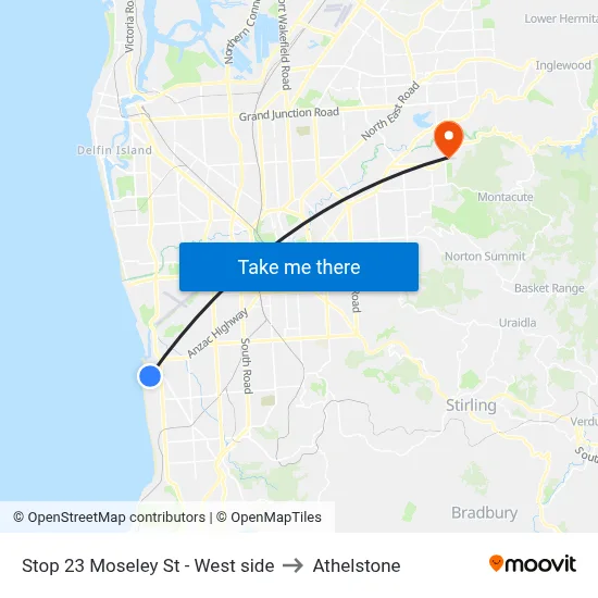 Stop 23 Moseley St - West side to Athelstone map