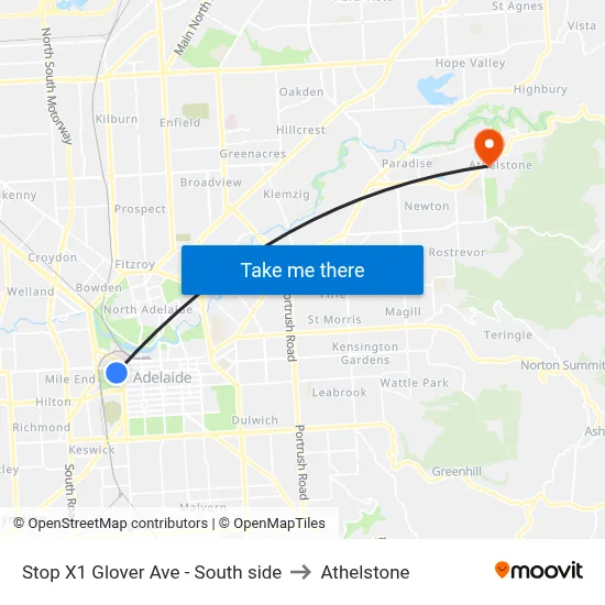 Stop X1 Glover Ave - South side to Athelstone map